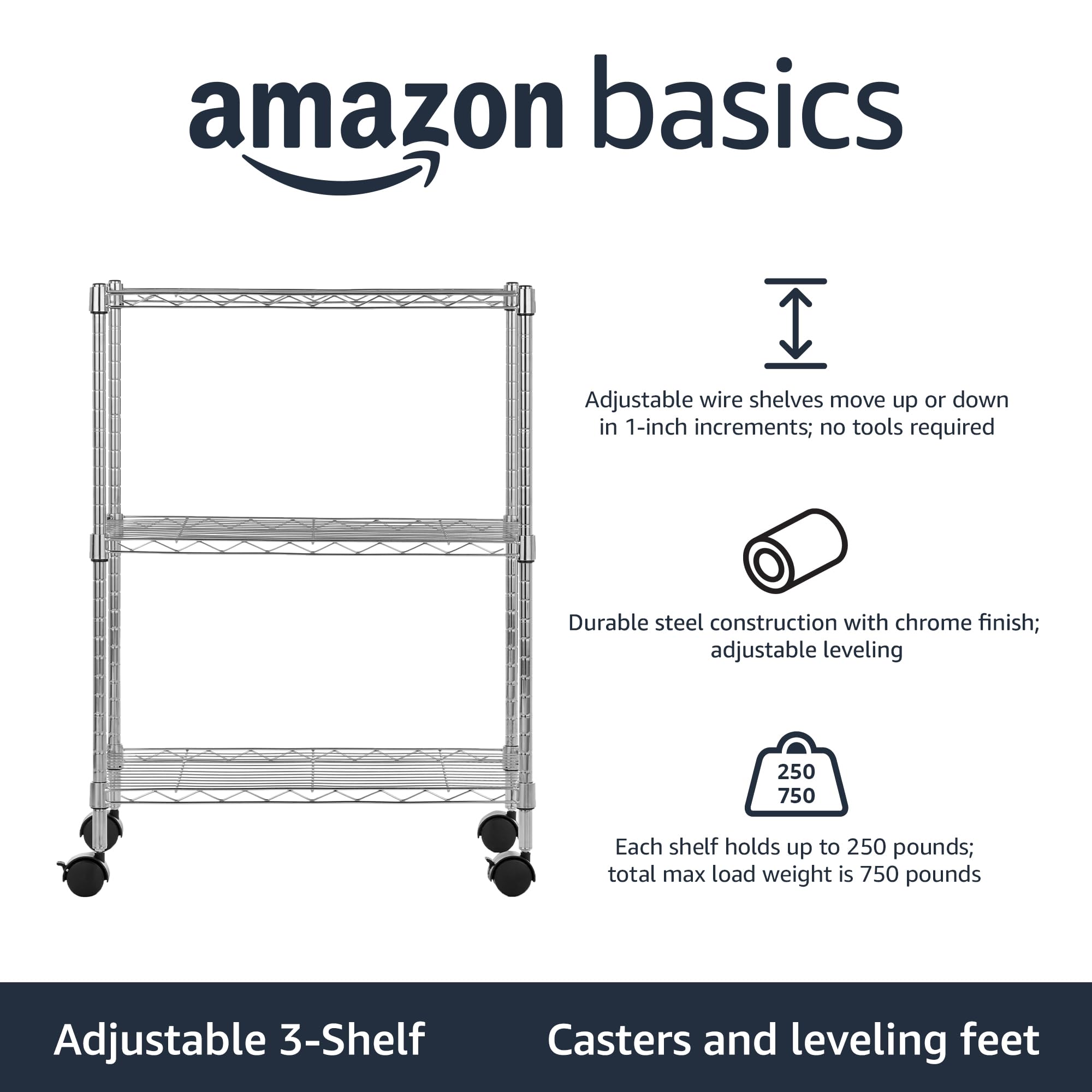 Adjustable-height chrome wire shelving unit set to different shelf levels