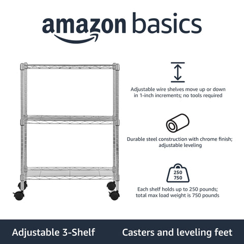 Adjustable-height chrome wire shelving unit set to different shelf levels