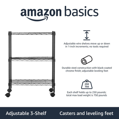 Amazon Basics adjustable shelves demonstrate 1-inch height increments.
