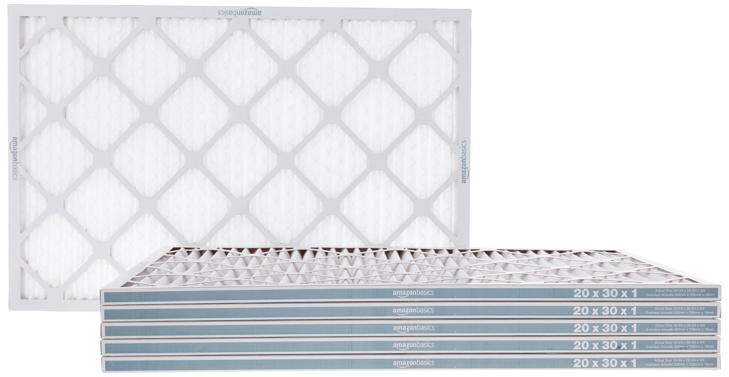 Amazon Basics 20x30x1 air filter front view highlights filtration for cleaner home air