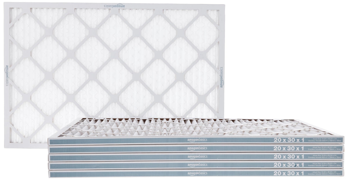 Amazon Basics 20x30x1 air filter front view highlights filtration for cleaner home air