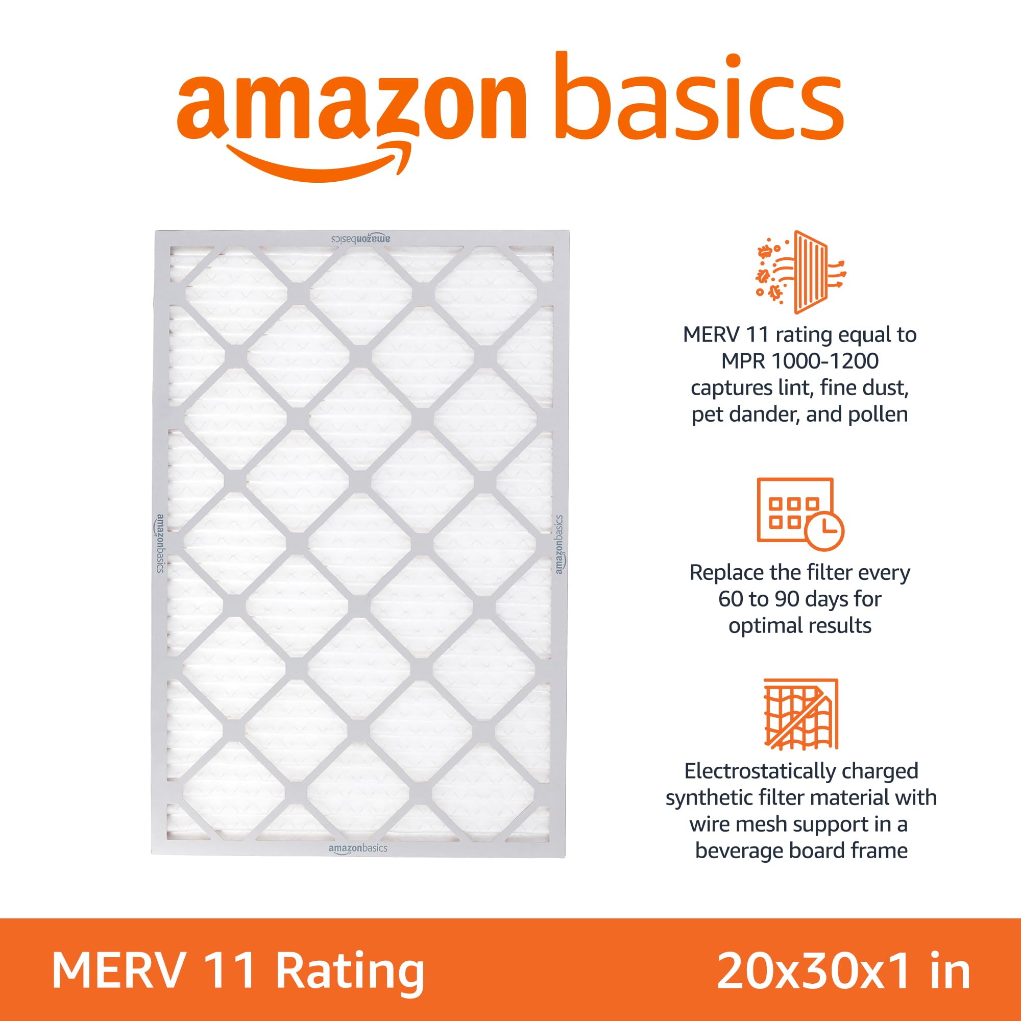 Amazon Basics 20x30x1 air filter packaging shows convenient 6-pack for replacements