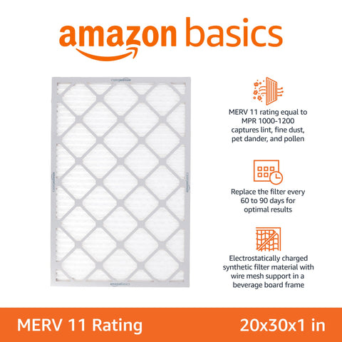 Amazon Basics 20x30x1 air filter packaging shows convenient 6-pack for replacements