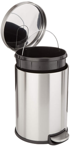 Amazon Basics brushed stainless steel trash can adds smudge resistance and sleek look.