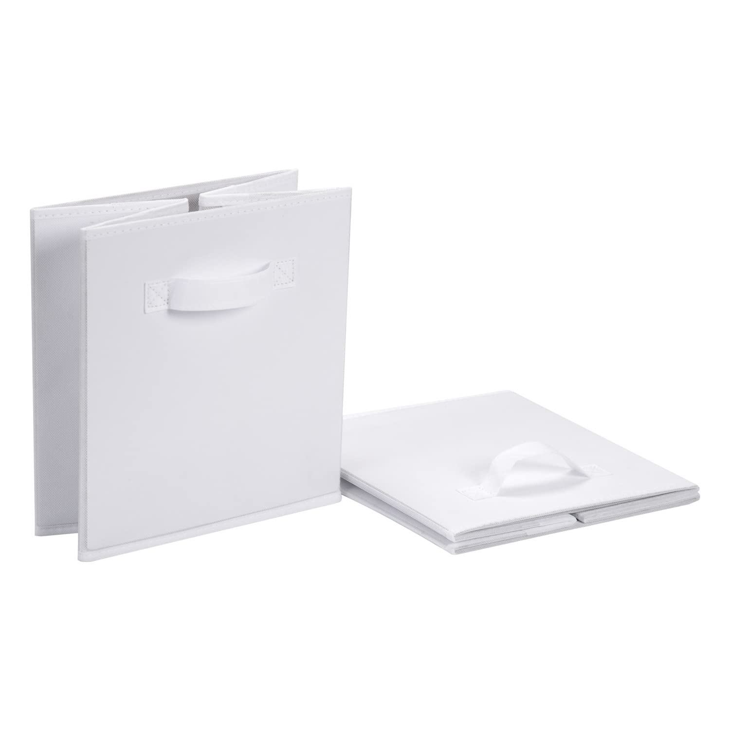 Amazon Basics collapsible bins folded flat for compact storage.