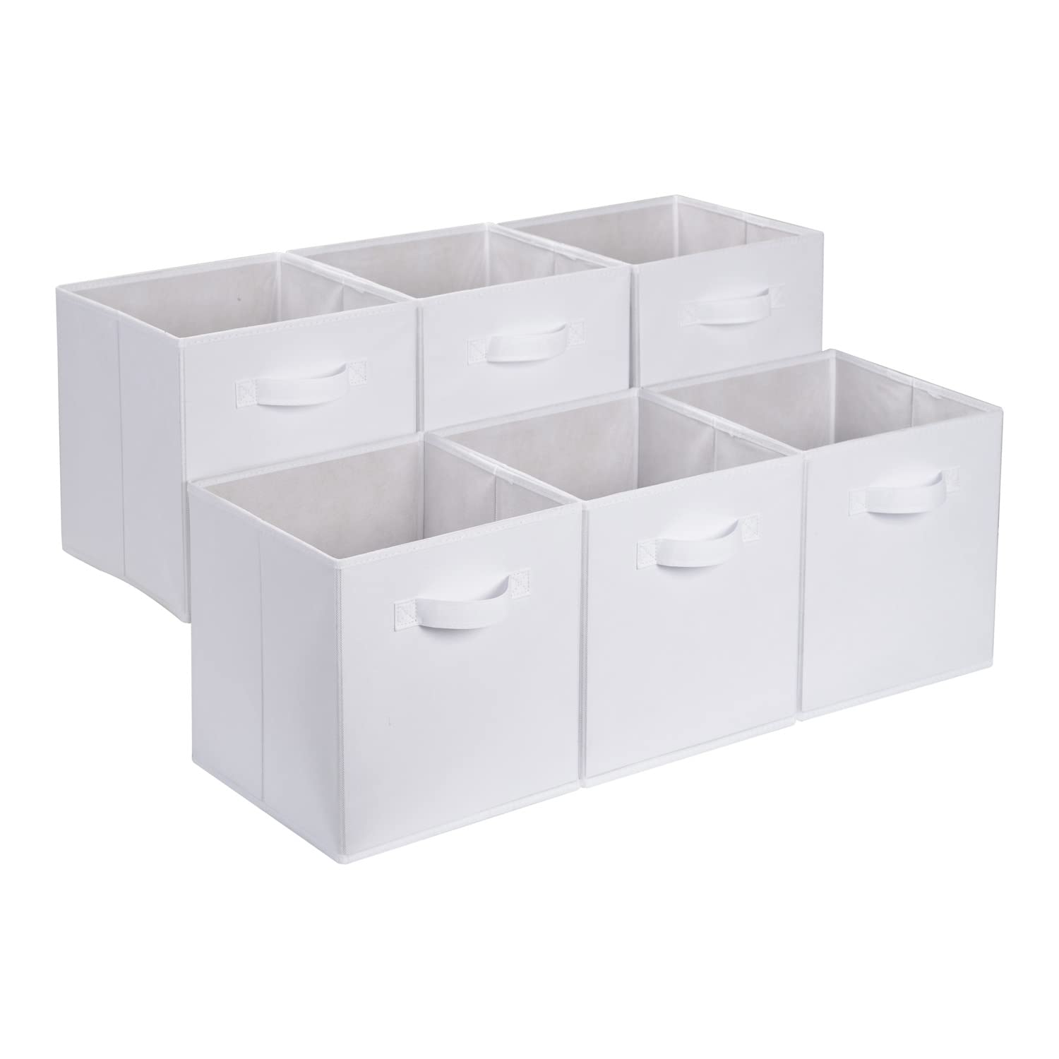 Amazon Basics collapsible storage bins arranged on a shelf for tidy organization.