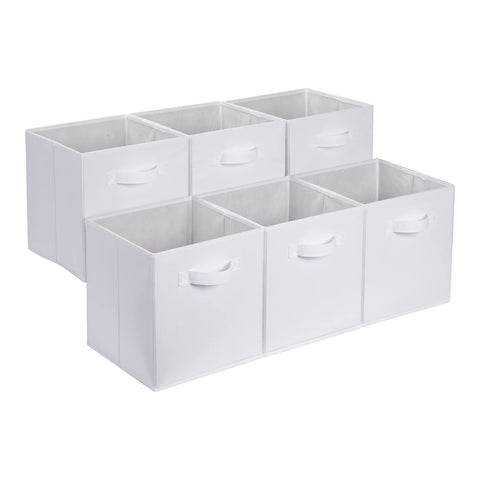 Amazon Basics collapsible storage bins arranged on a shelf for tidy organization.
