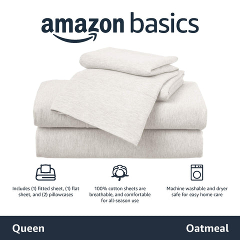Amazon Basics cotton jersey fitted sheet for queen size provides easy on-off and snug 14-inch pocket.