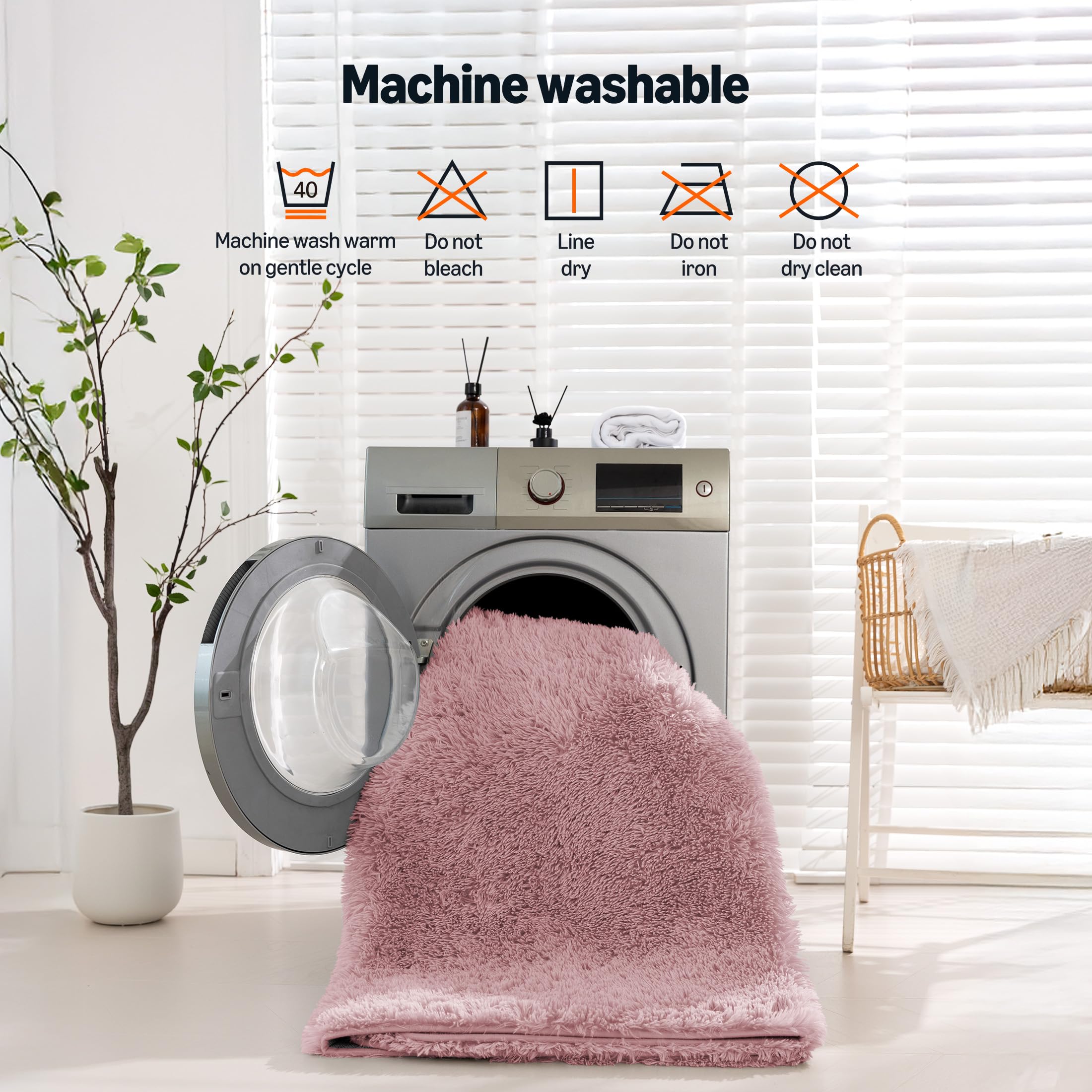Amazon Basics fluffy rug machine-wash-ready for easy upkeep.