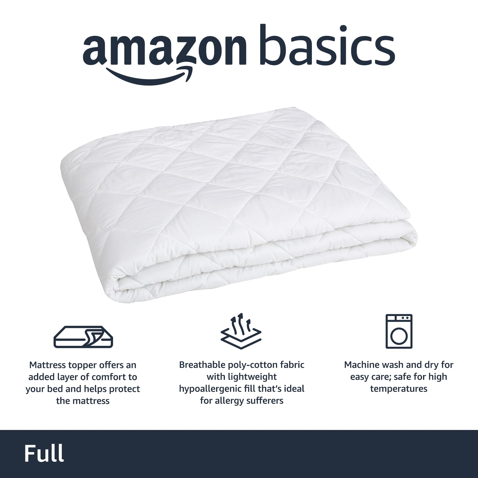 Amazon Basics full-size quilted topper shows snug mattress fit.