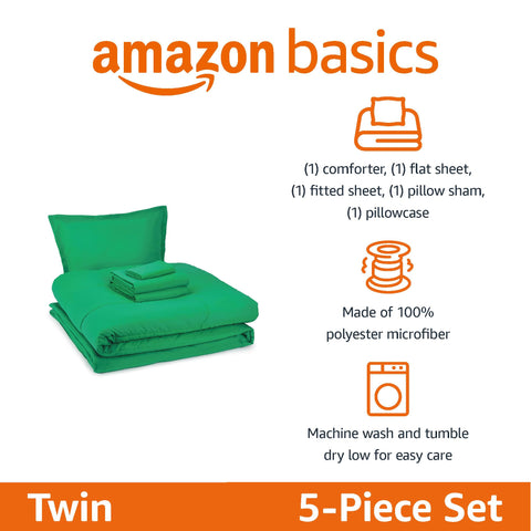 Amazon Basics kid's bed-in-a-bag twin green flat sheet—smooth microfiber for all-night comfort and easy care