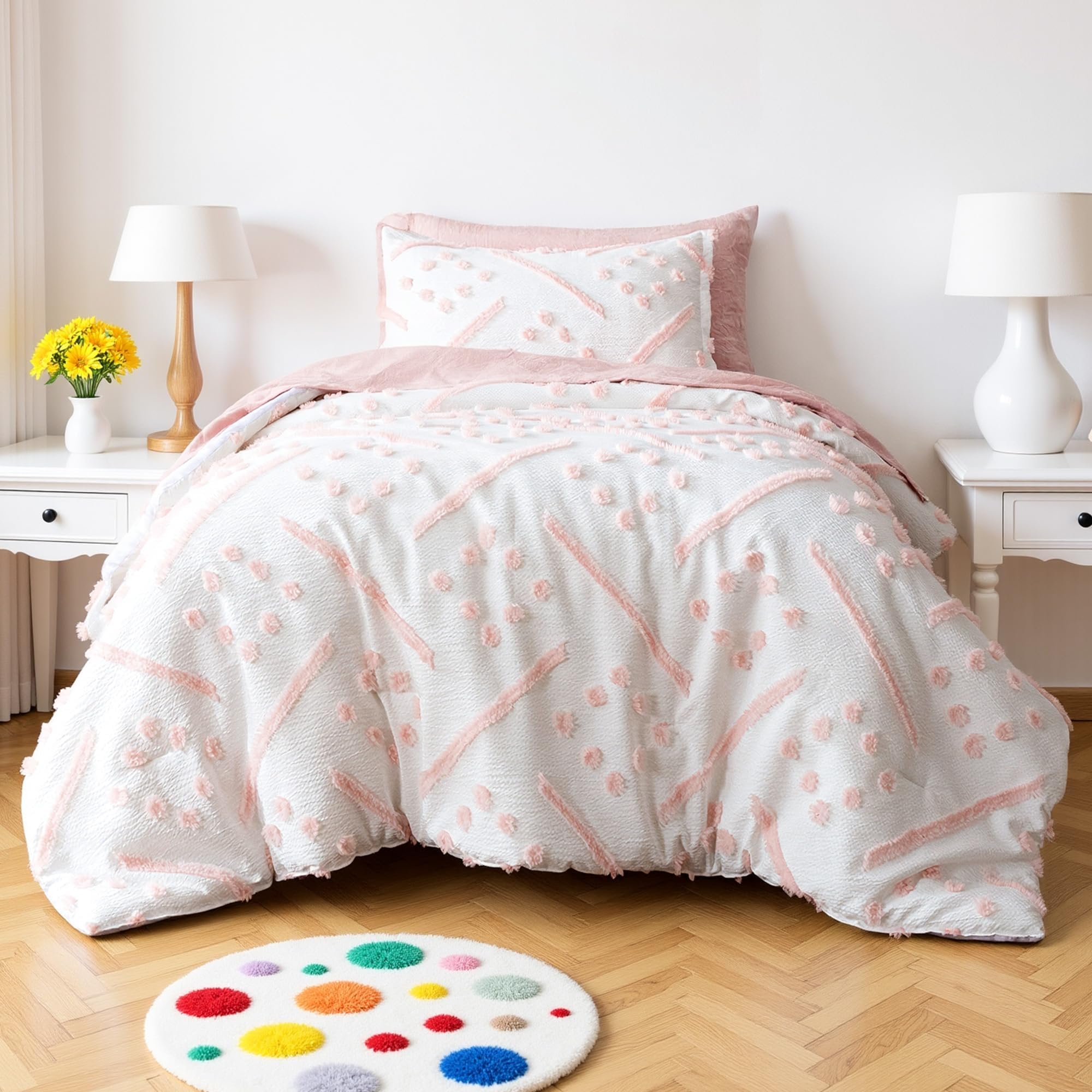 Amazon Basics Kids' Pink Bedding Set comforter with tufted jacquard design for cozy nights.