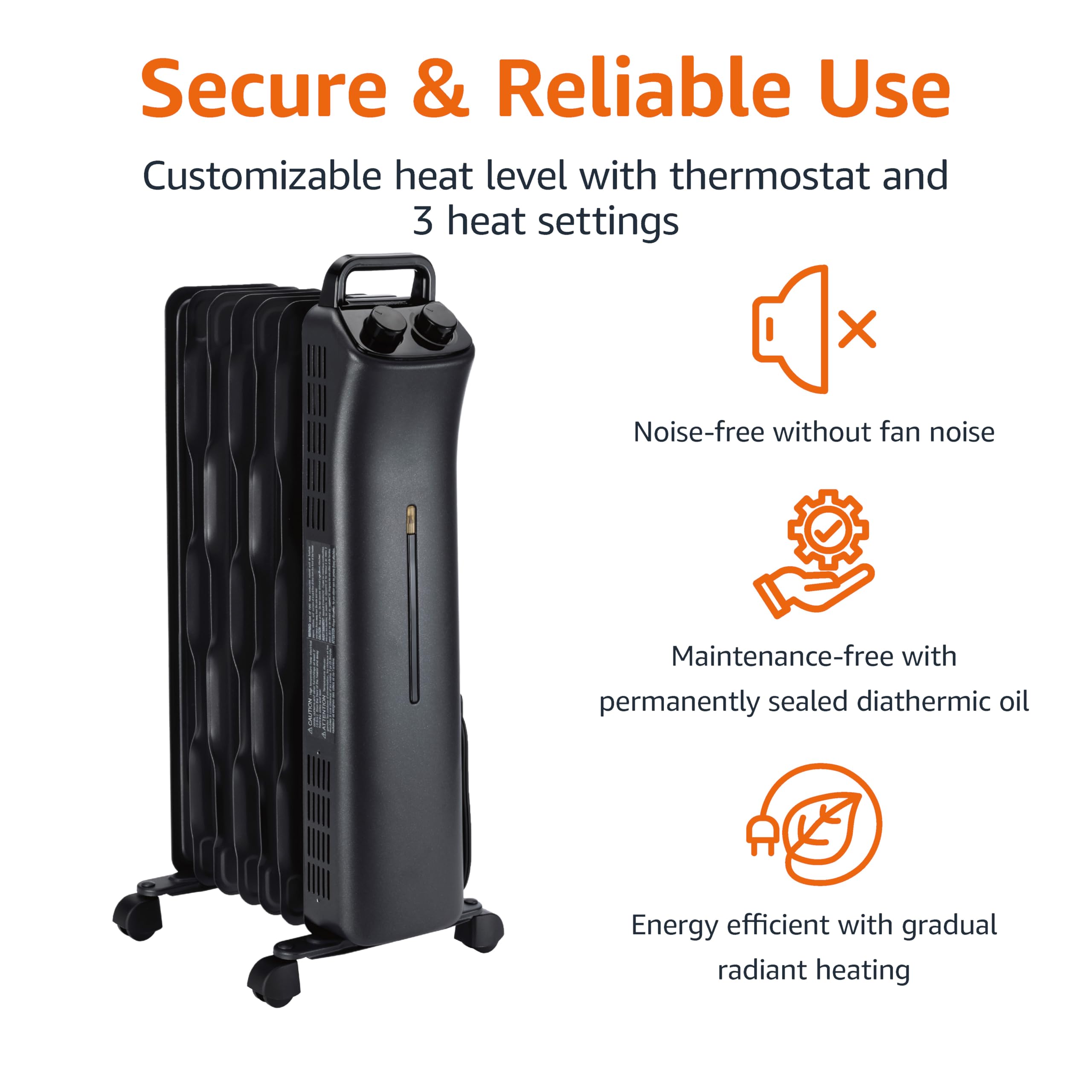 Amazon Basics heater controls show thermostat and three heat settings for customizable comfort.
