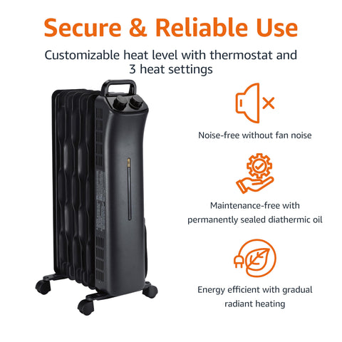 Amazon Basics heater controls show thermostat and three heat settings for customizable comfort.