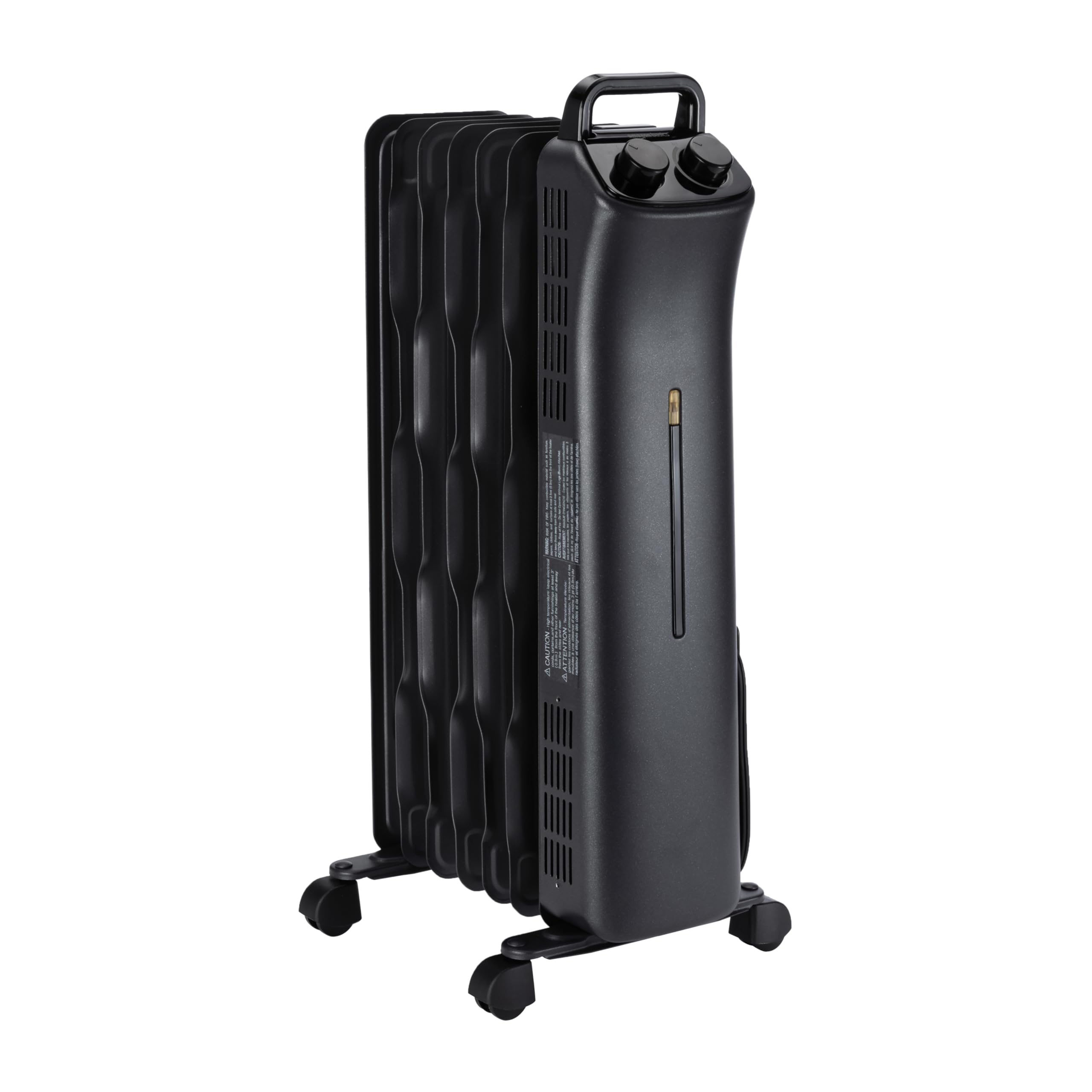 Amazon Basics portable radiator heater front view with seven fins for even distribution.