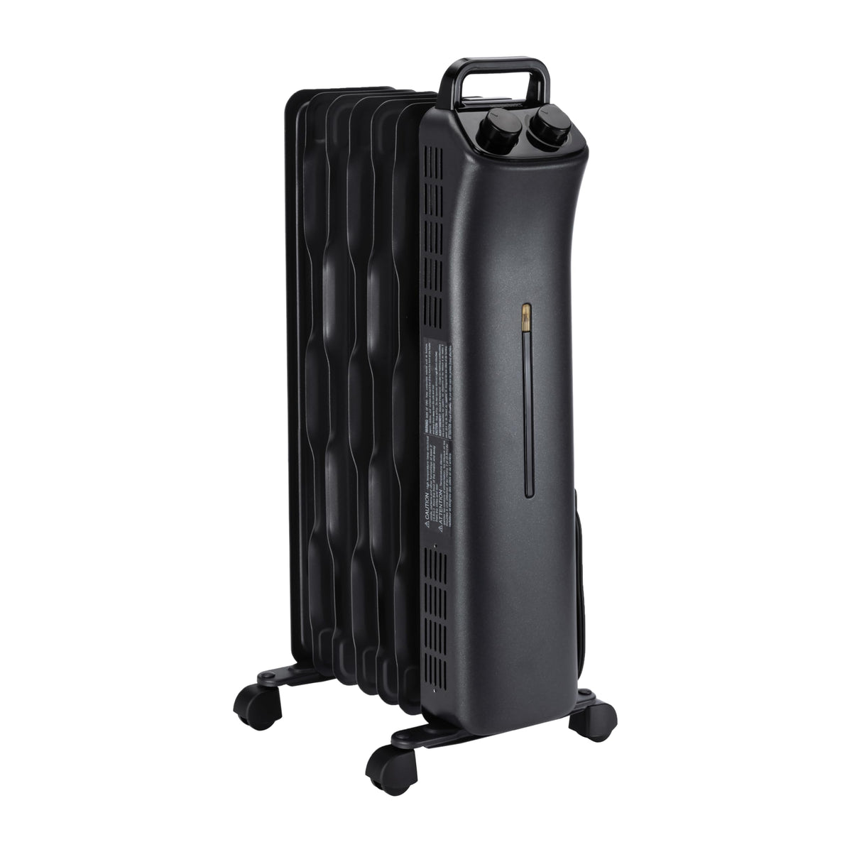 Amazon Basics portable radiator heater front view with seven fins for even distribution.