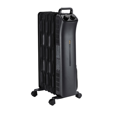 Amazon Basics portable radiator heater front view with seven fins for even distribution.