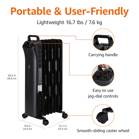 Amazon Basics radiator with wheels and handle for easy mobility around home.