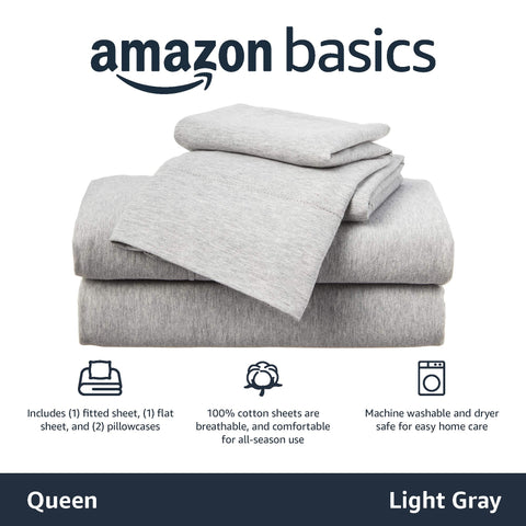 Amazon Basics queen fitted sheet showing deep 14-inch pocket for secure fit.