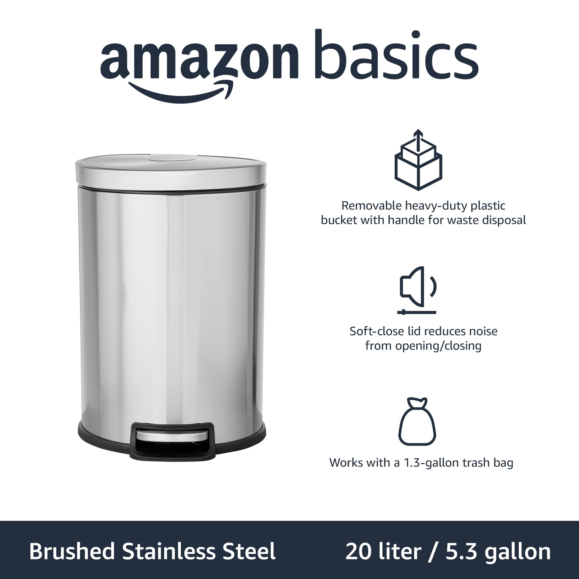 Amazon Basics trash can with foot pedal for hands-free waste disposal.
