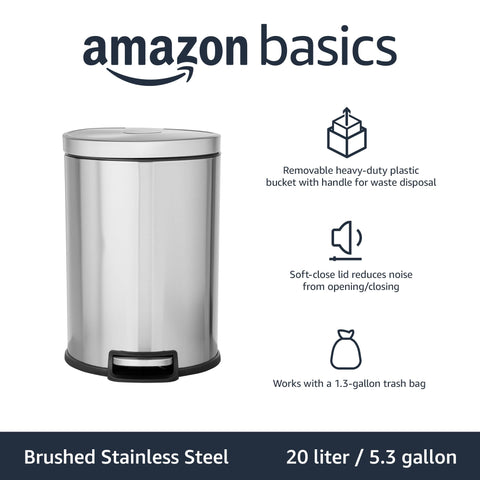 Amazon Basics trash can with foot pedal for hands-free waste disposal.