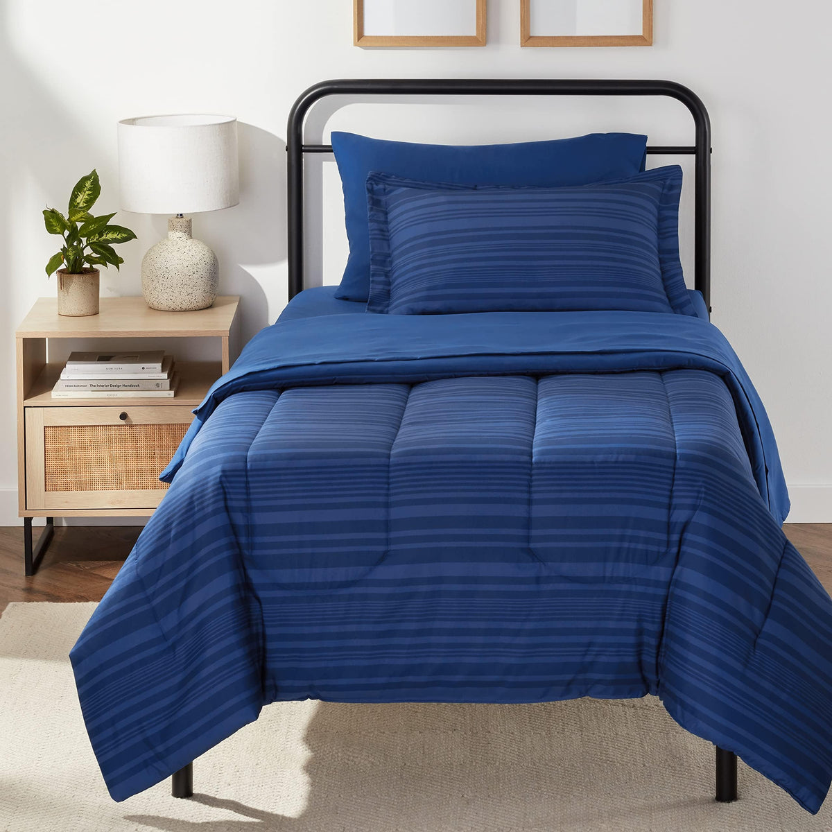 Amazon Basics twin xl comforter with blue Calvin-striped design for all-season comfort