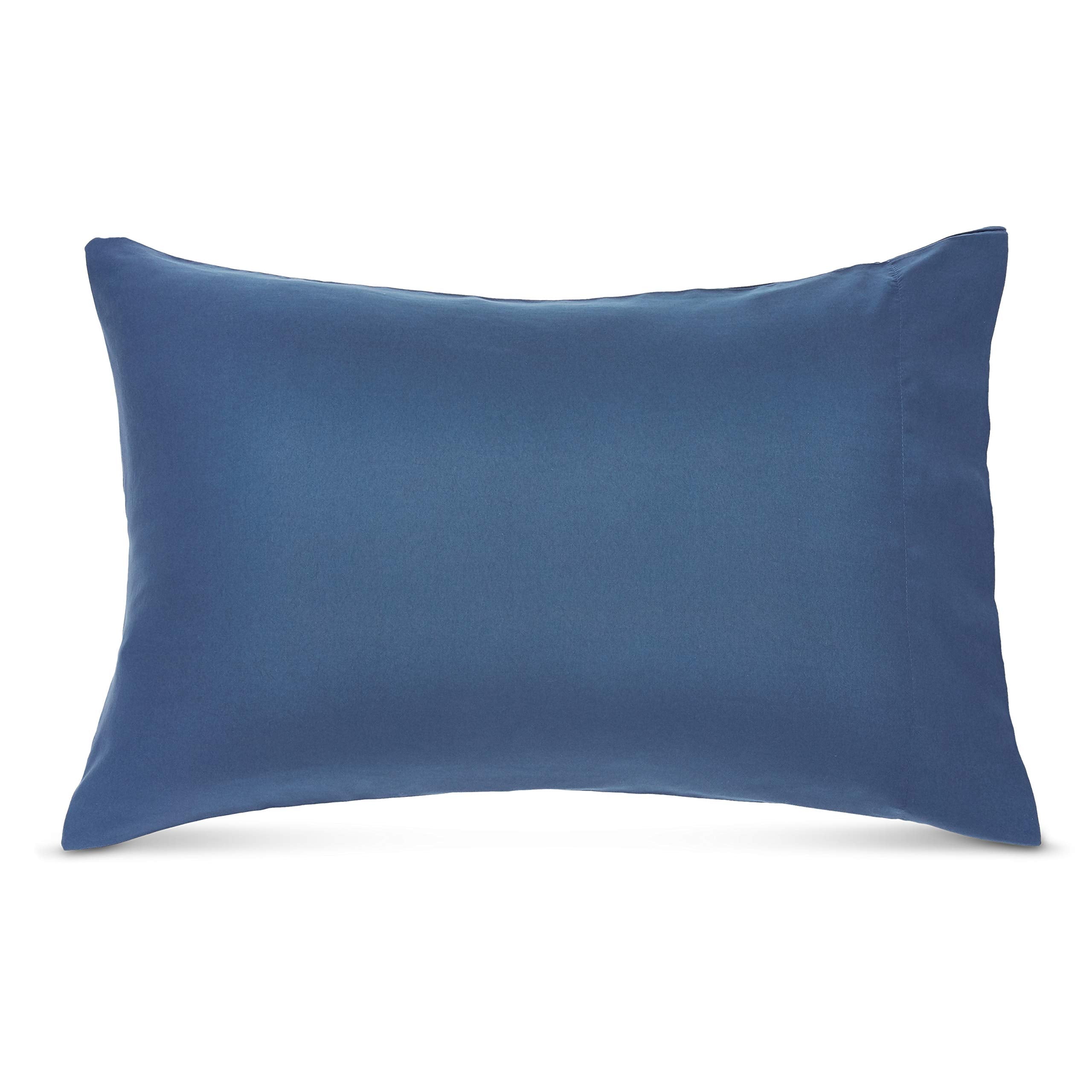 Amazon Basics blue Calvin-striped fitted sheet fitting securely on a twin xl mattress
