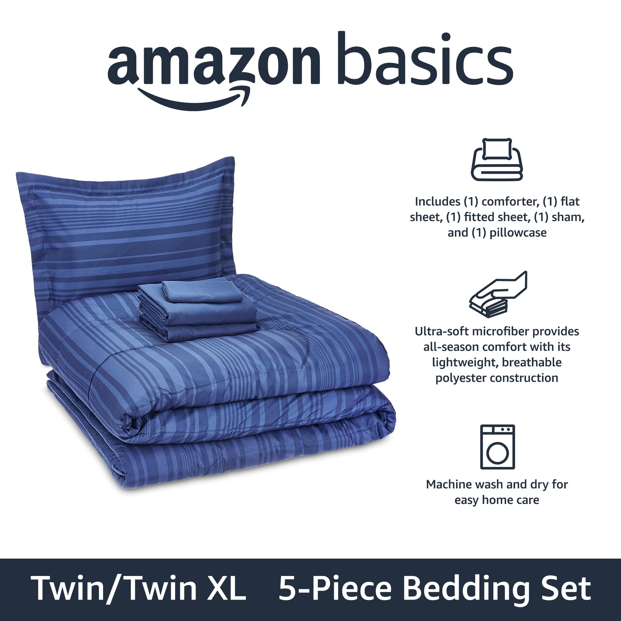 Amazon Basics blue Calvin-striped flat sheet on a neatly made bed