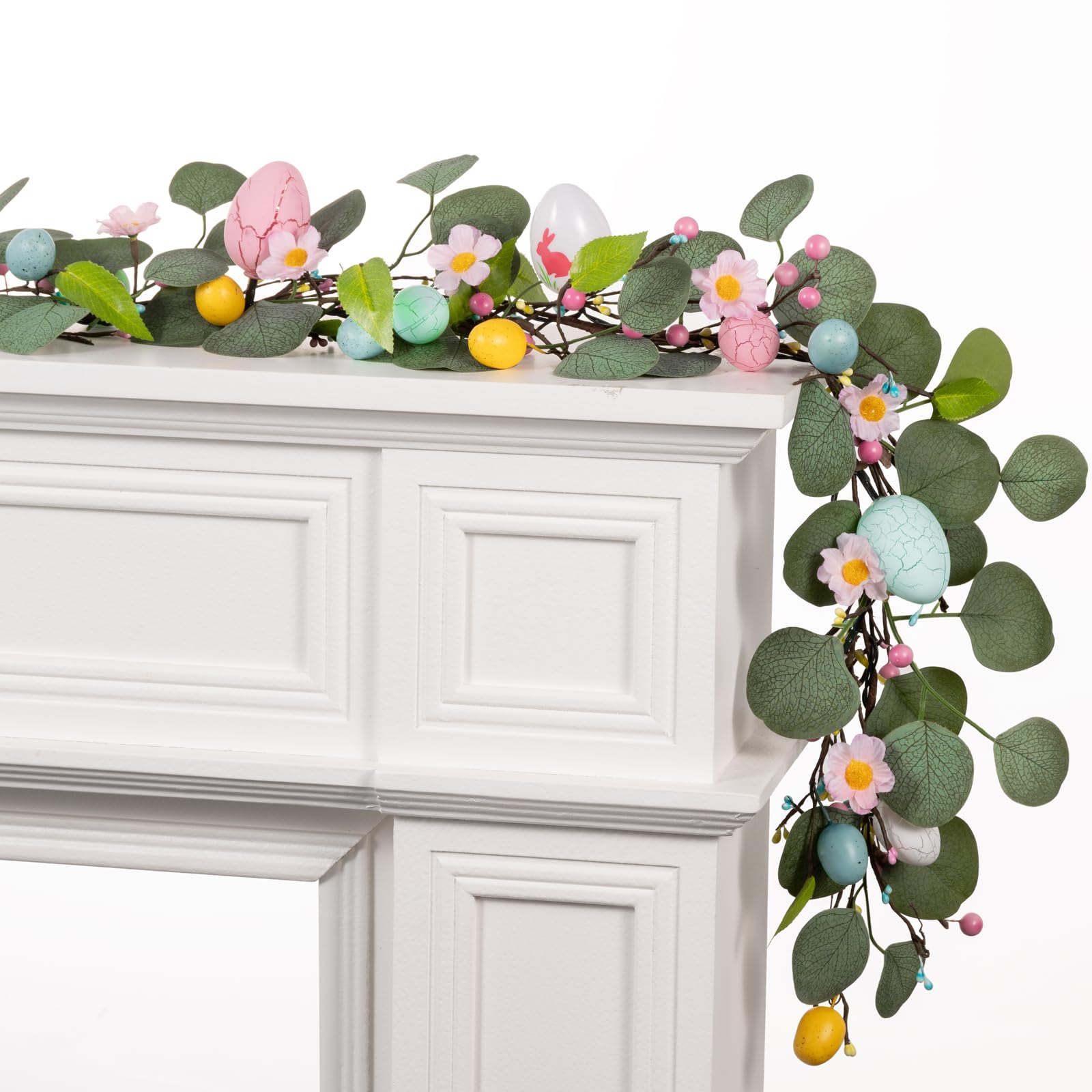 Amazqi 6ft Easter garland with eggs and eucalyptus for mantel decor.
