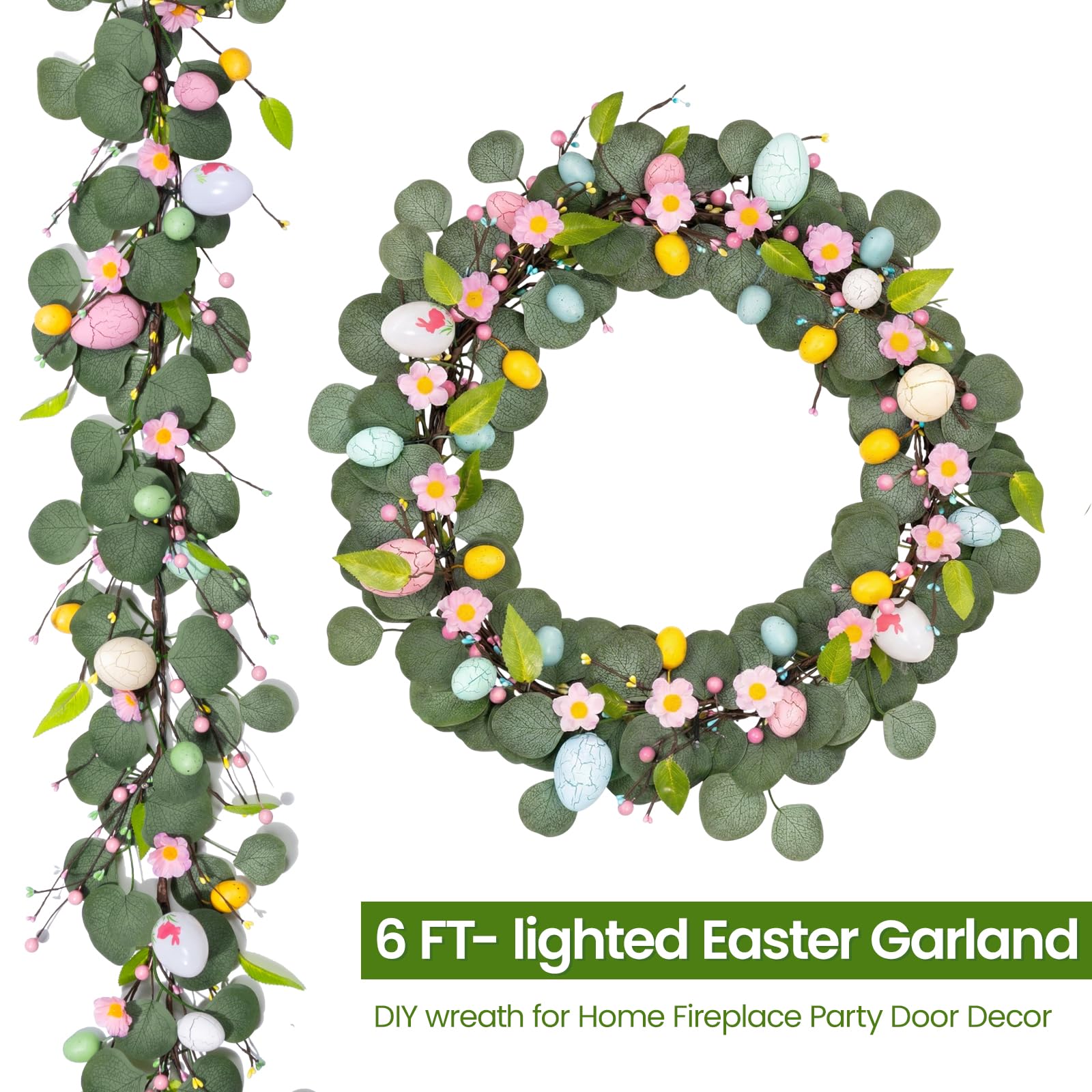 Lifelike daisies and pip berries brighten greenery.