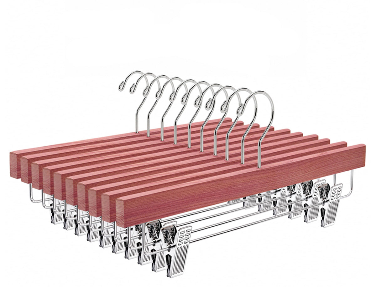Amber Home 12-pack red cedar hangers showing sturdy wooden design for closet organization
