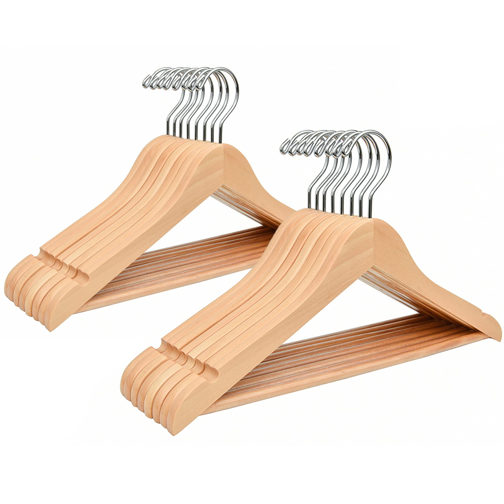 Amber Home 20-pack natural wooden hanger with 15-inch width keeps shirts neatly aligned.