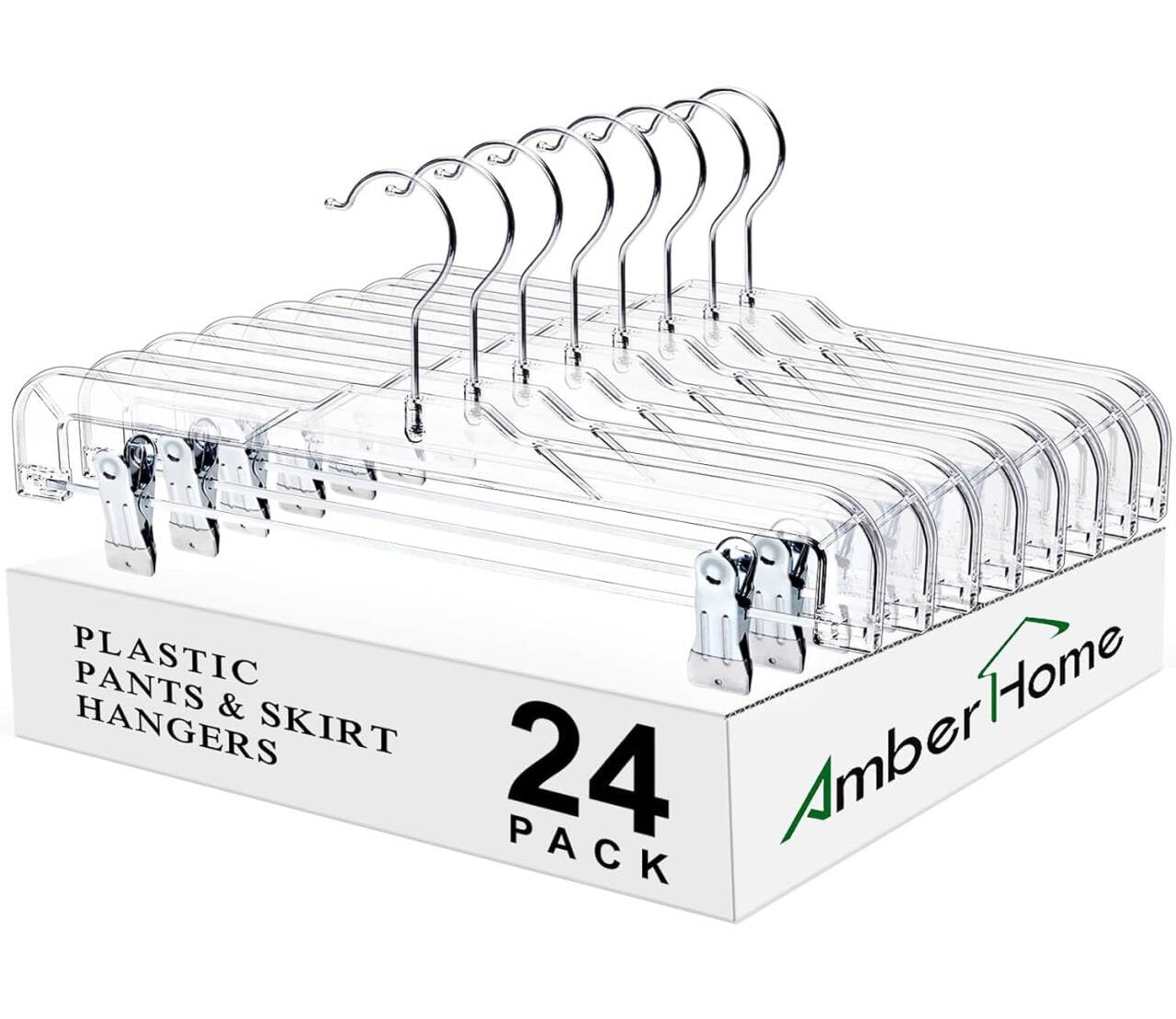Amber Home 24-pack clear pants hangers with clips for organized closets.