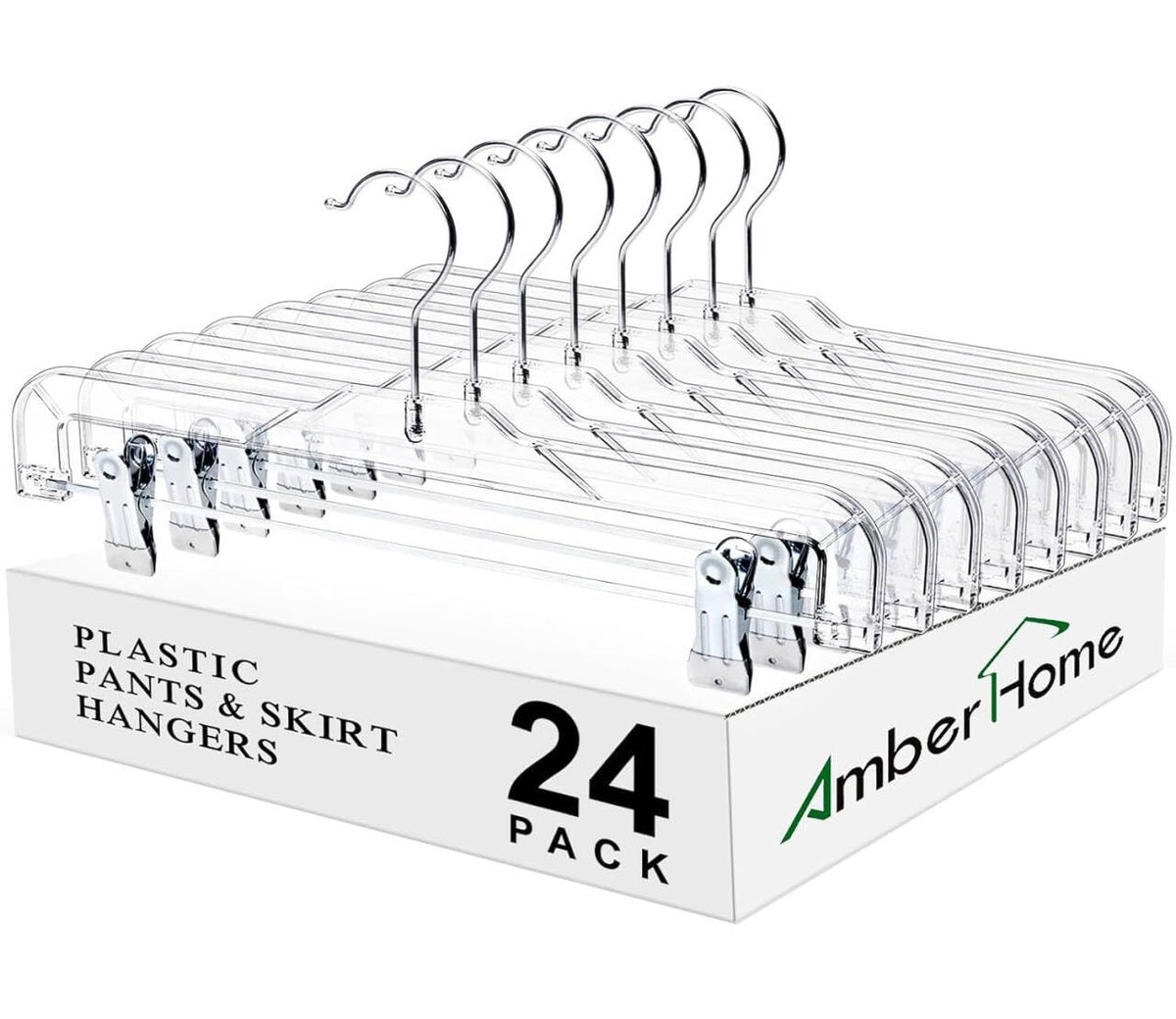 Amber Home 24-pack clear pants hangers with clips for organized closets.