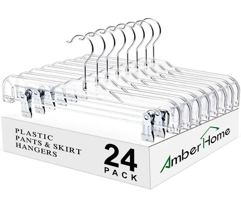 Amber Home 24-pack clear pants hangers with clips for organized closets.