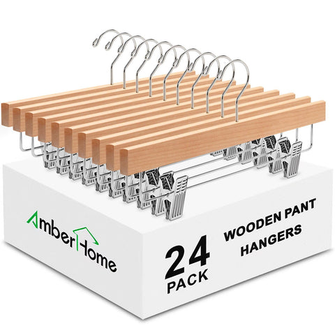 Amber Home 24-pack wooden pants hangers with clips feature durable chrome hardware for secure hanging.