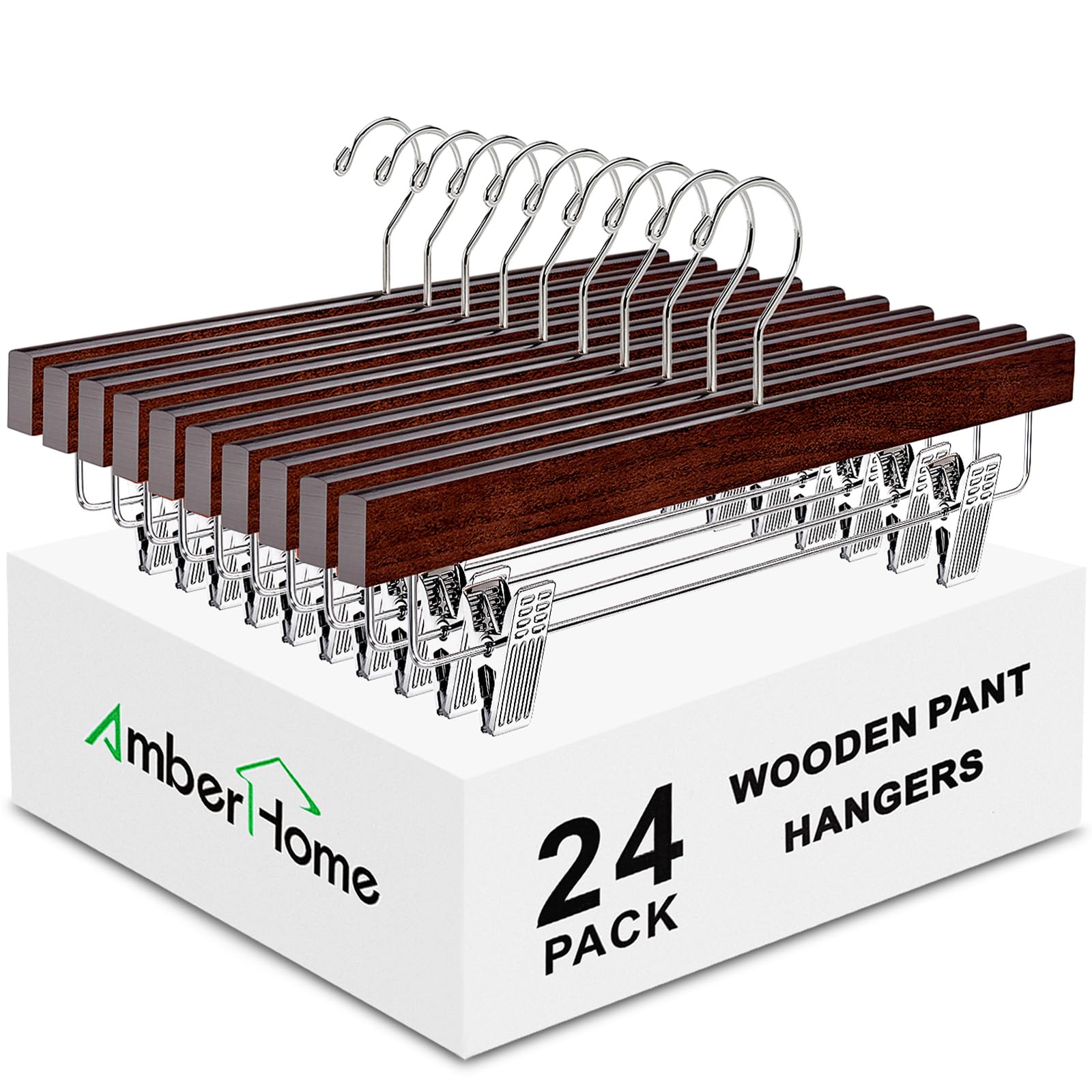 Amber Home 24-pack walnut wood pants hangers with clips, 14-inch size for organized closet space.