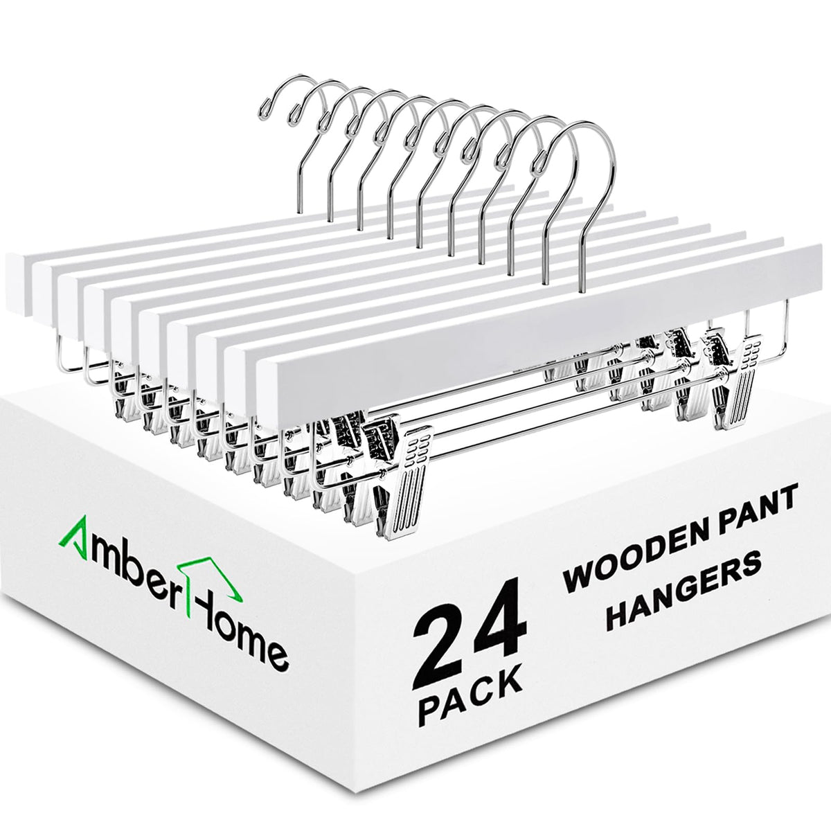 Amber Home 24-pack white wood pants hangers with clips, 14-inch size for organized closets.