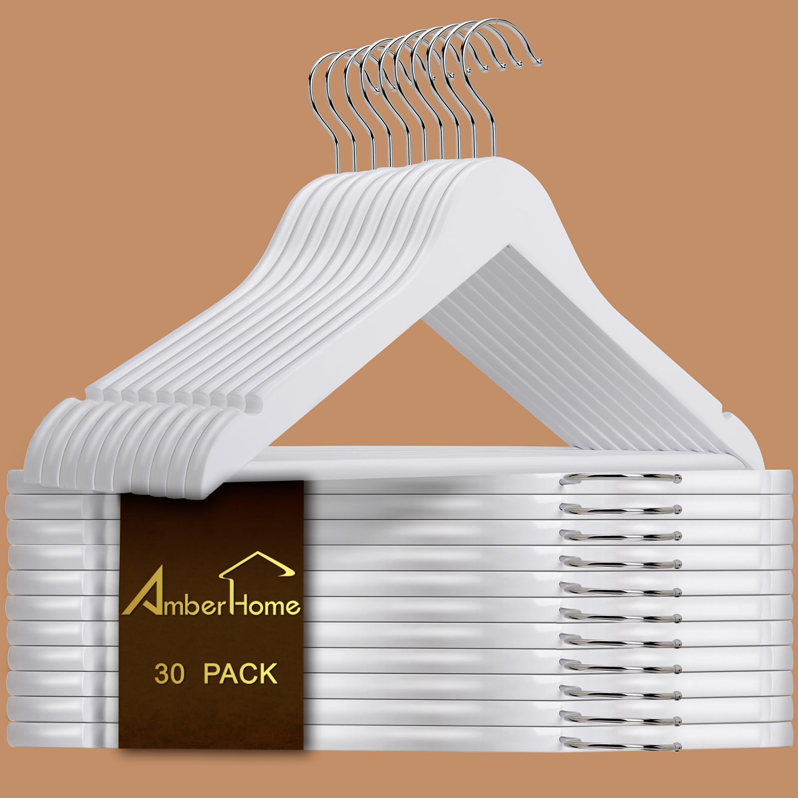 Amber Home 30-pack white wood hangers arranged neatly in a closet for space-saving storage.