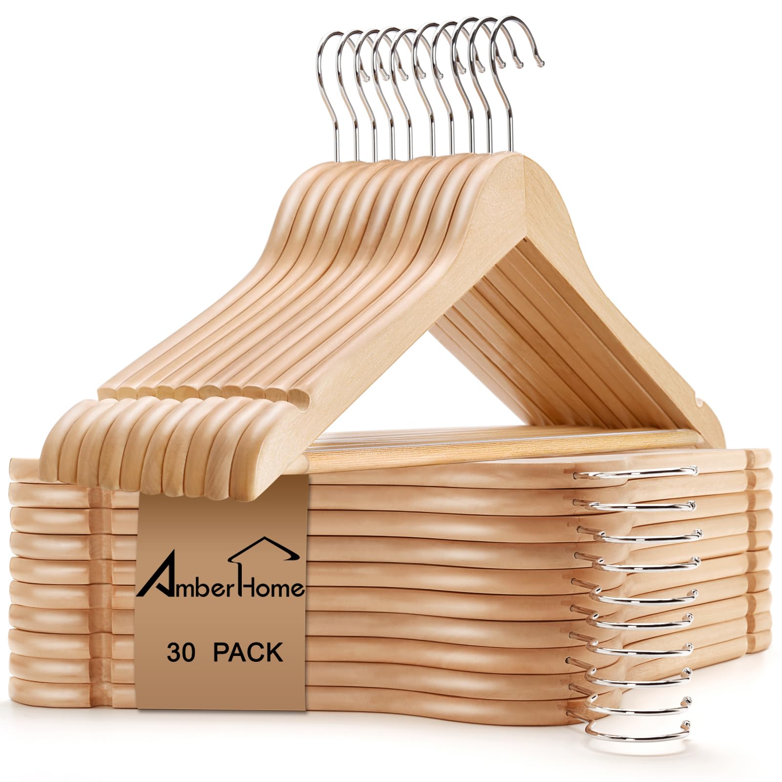 Amber Home 30-pack wooden hanger with flat body for space-saving closet storage
