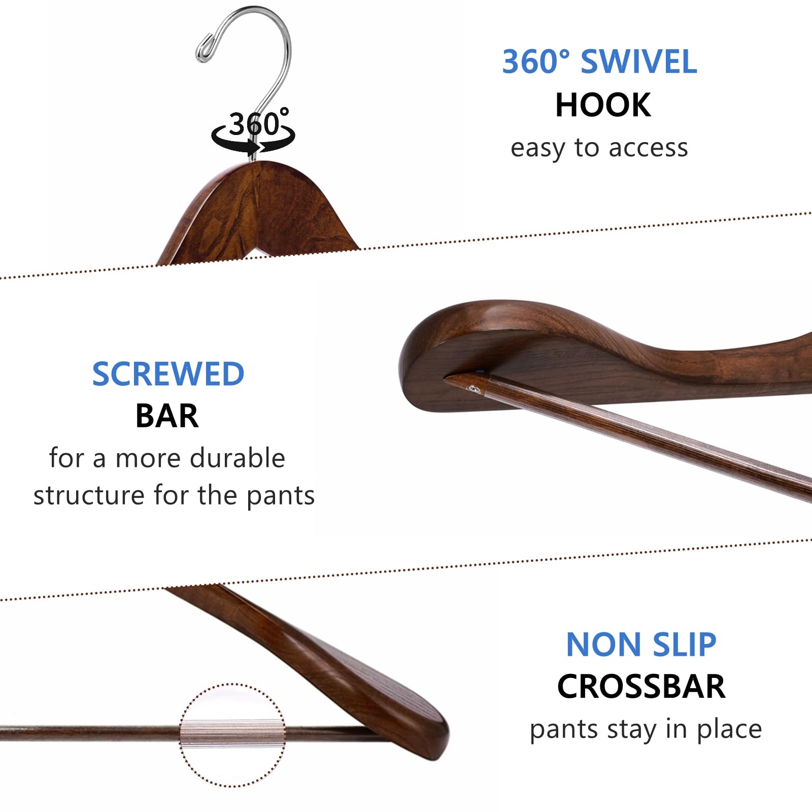 Amber Home 360-degree swivel hook enables quick garment checks and easy access.