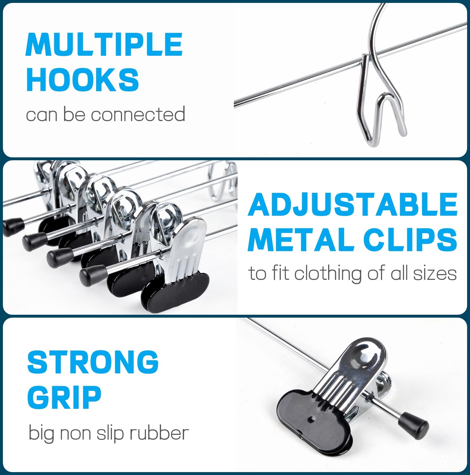 Amber Home adjustable metal clips grip trousers firmly without snagging fabric.