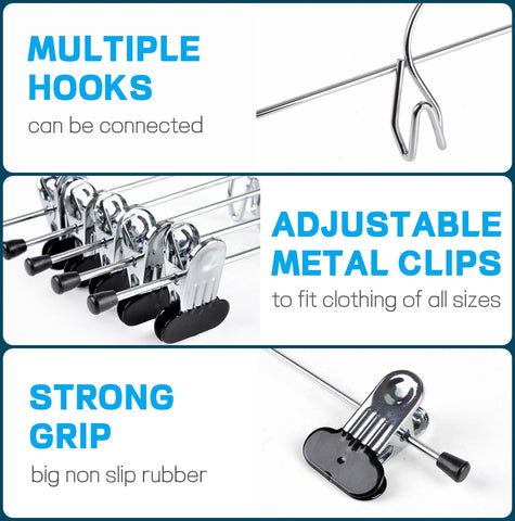 Amber Home adjustable metal clips grip trousers firmly without snagging fabric.