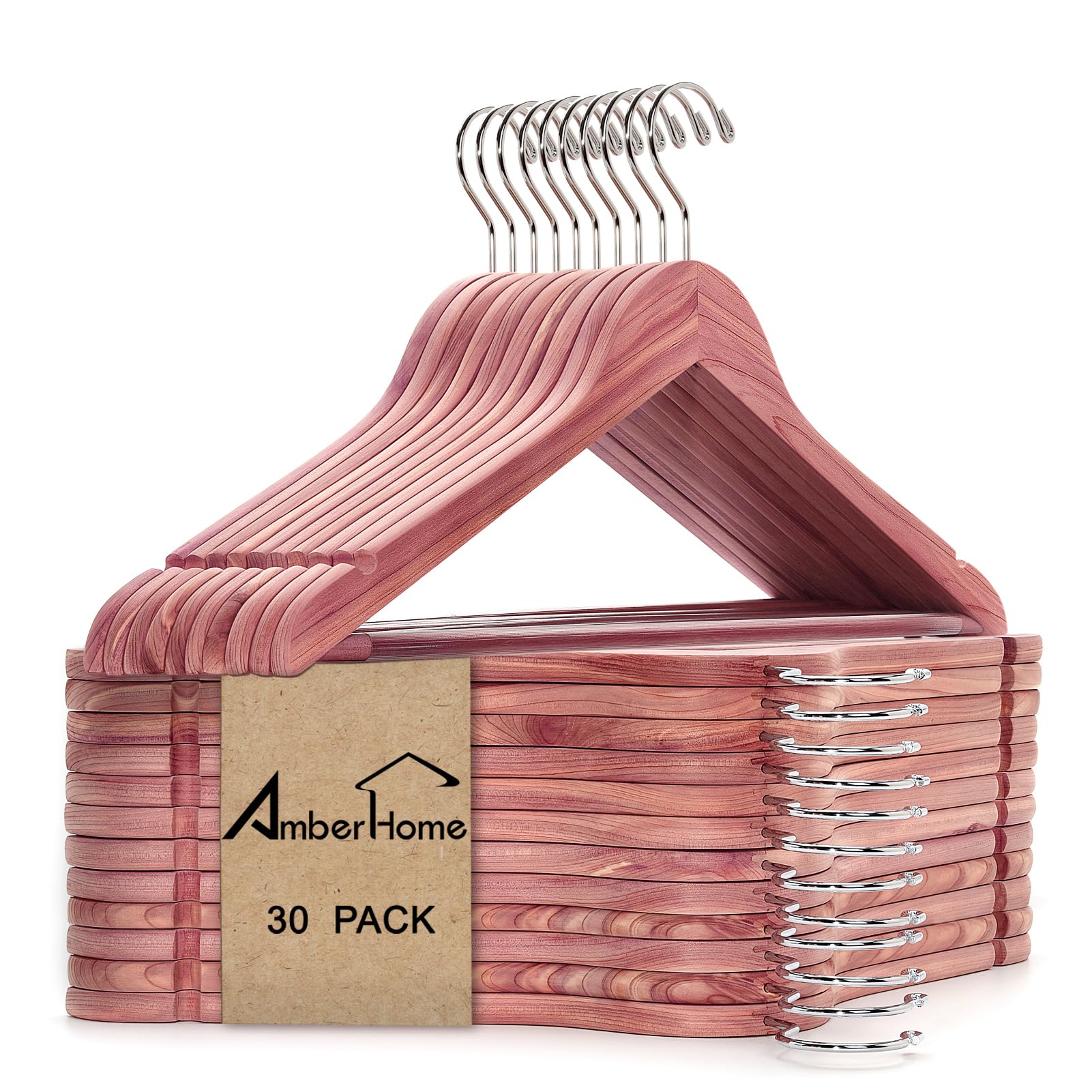 Amber Home cedar coat hanger 30-pack for space-saving closet organization.