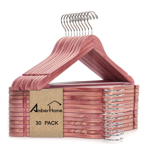 Amber Home cedar coat hanger 30-pack for space-saving closet organization.