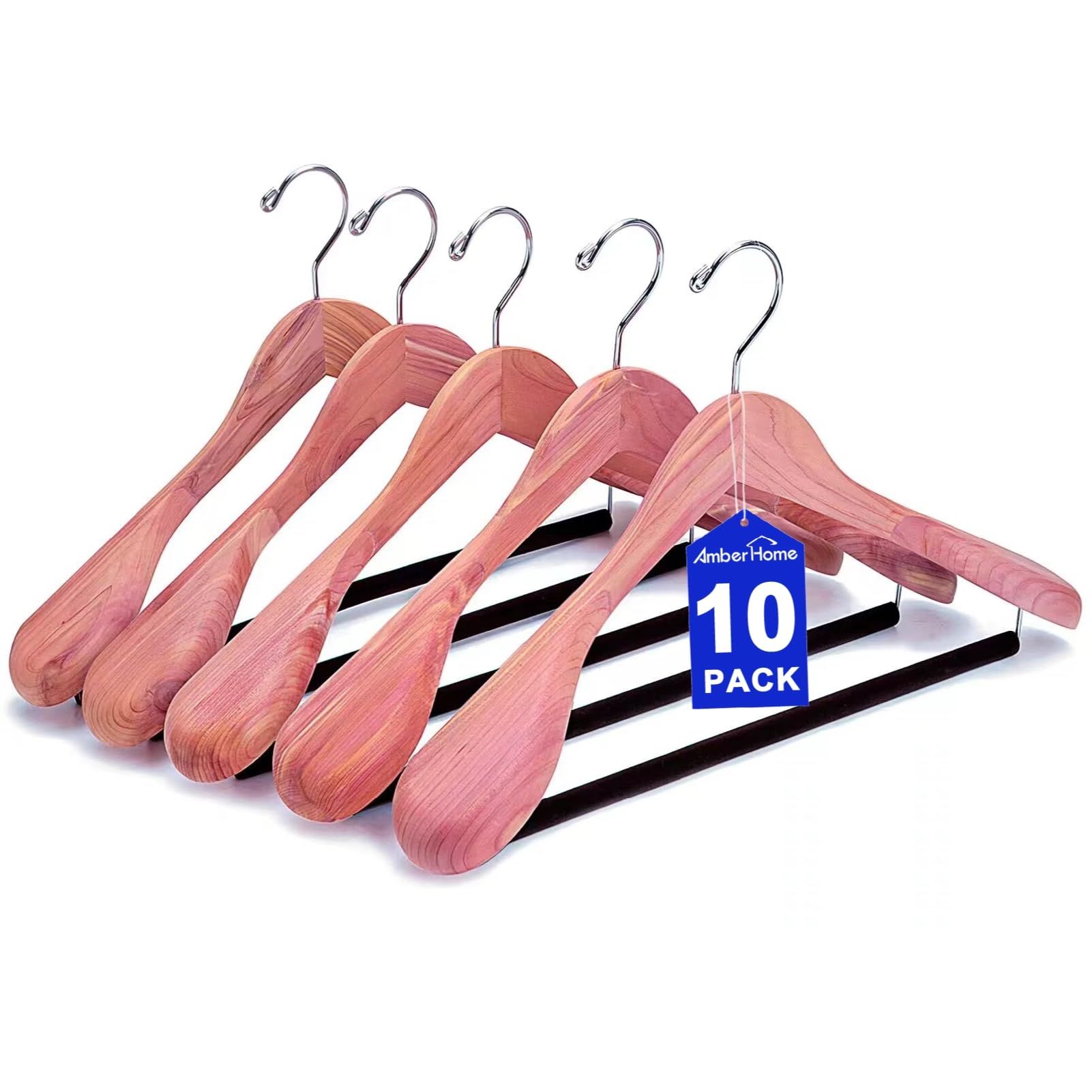 Amber Home cedar hanger with extra wide shoulders supports suits and jackets.