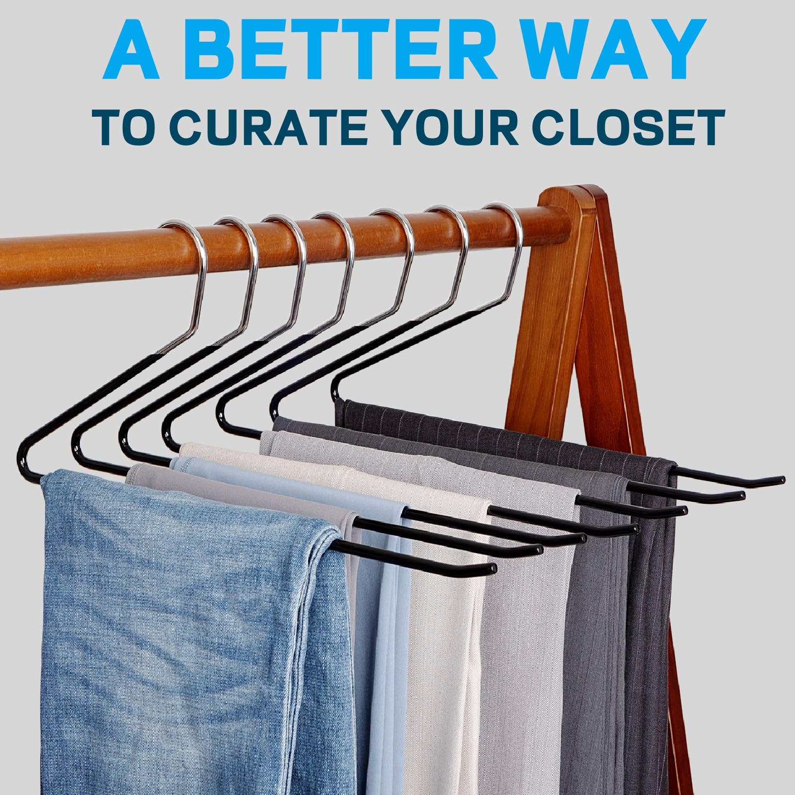 Amber Home closet-in-use pants hangers shown with multiple pairs.