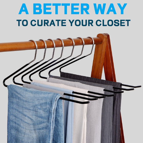 Amber Home closet-in-use pants hangers shown with multiple pairs.