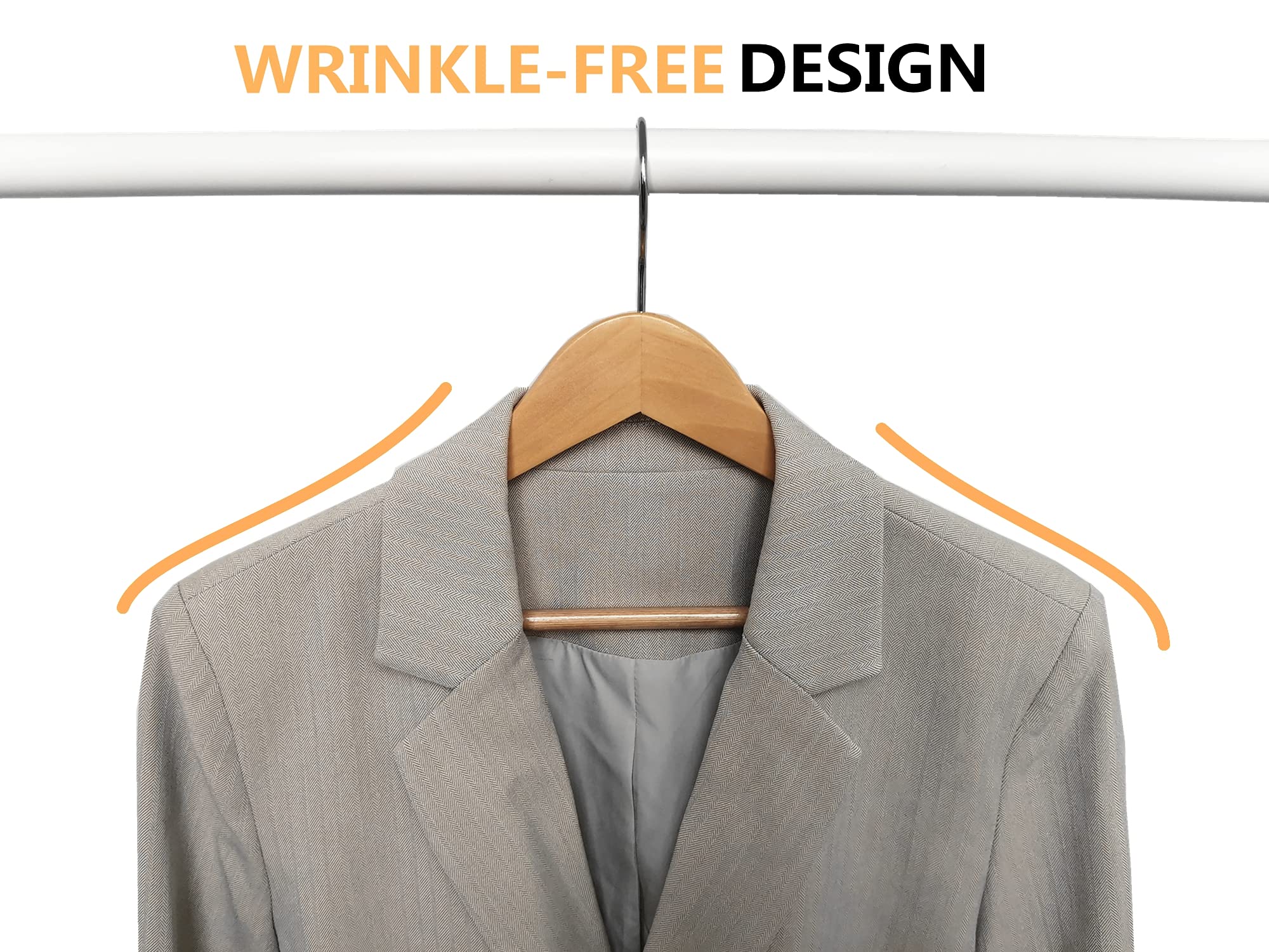Amber Home curved-shoulder wooden hanger preserves garment shape and form.