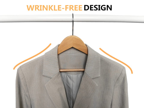 Amber Home curved-shoulder wooden hanger preserves garment shape and form.